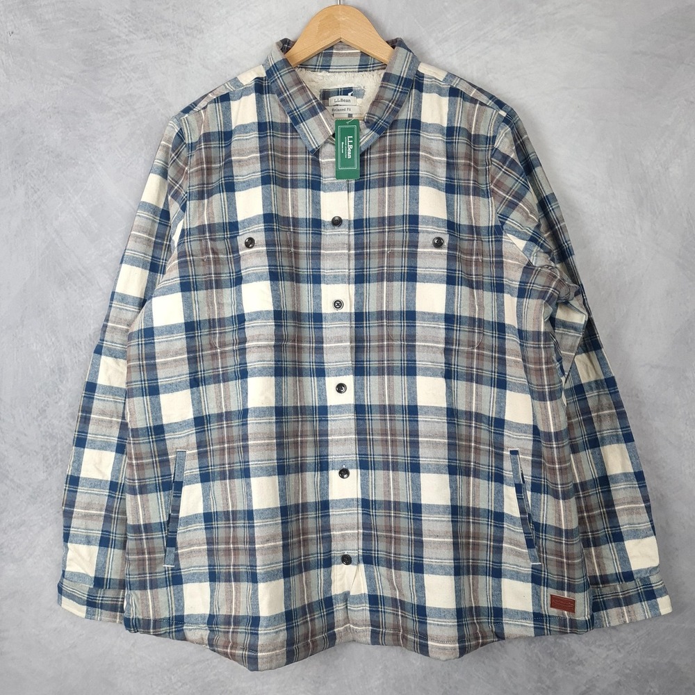 LL Bean Sherpa Lined Flannel Shirt Jacket Womens 2X Plus Blue Tartan Plaid